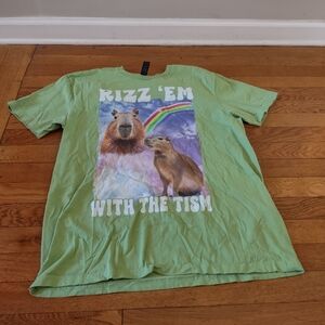 Rizz em with the 'tism green colorful capybara funny cotton tee shirt gildan L